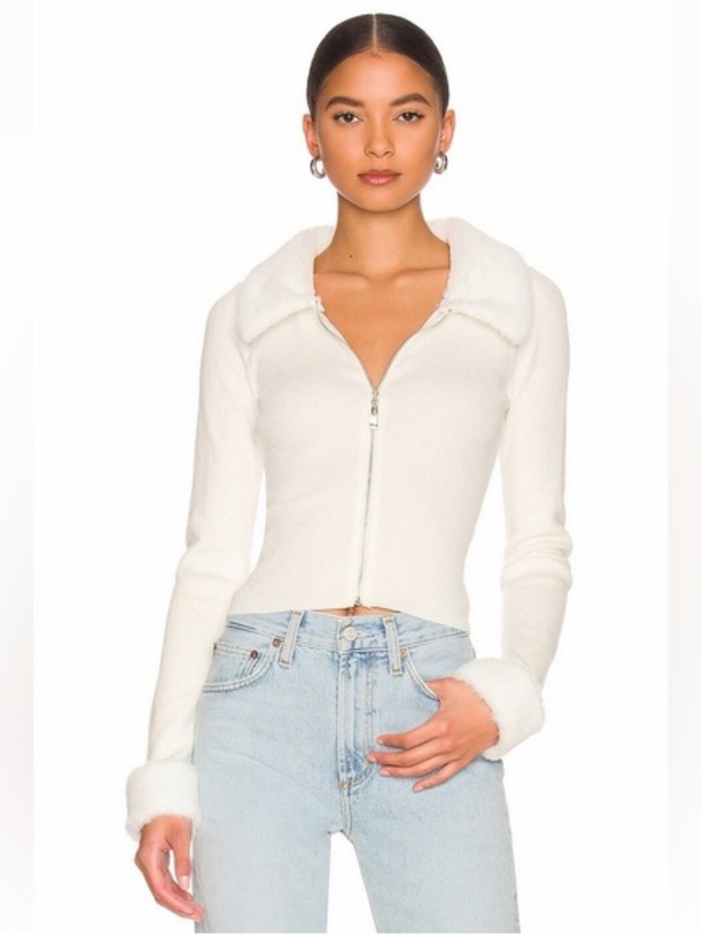 REVOLVE: Women's Ivory Zip-Front Faux-Fur Trim Sweater